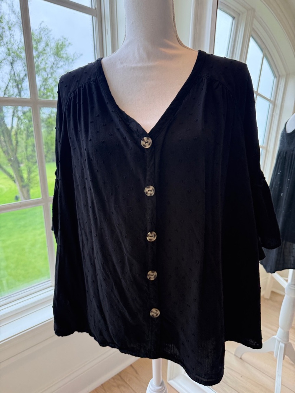 ADORA Black Textured Dot Button-Front Blouse